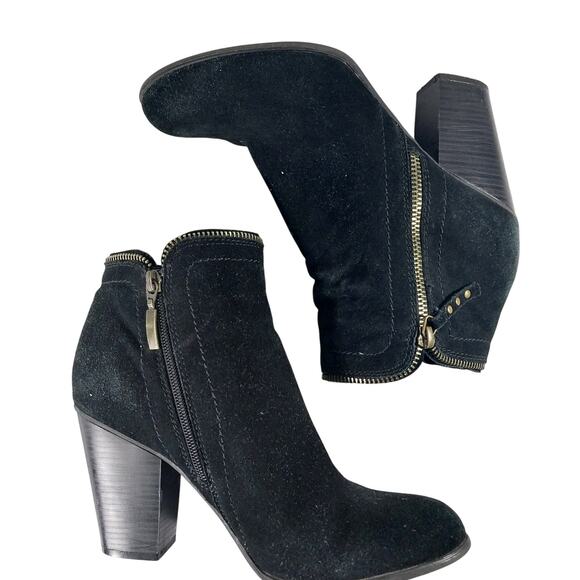 LIMELIGHT! BLACK GENUINE SUEDE LEATHER CHUNKY HEEL 2 ZIPPER ANKLE BOOTS! SZ 9M - Picture 7 of 10